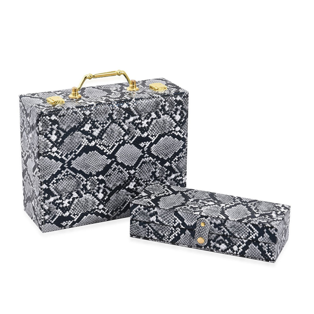 2er-Set, Schmuckkasten mit Reise-Etui aus Kunstleder mit Python-Prägung, 24x19x9 und 22x17x3 cm, Grau