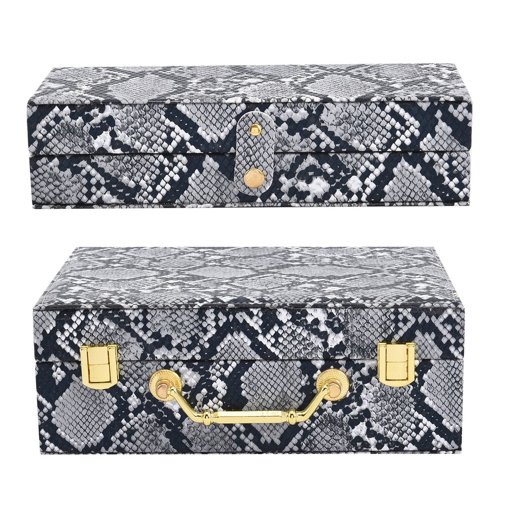 2er-Set, Schmuckkasten mit Reise-Etui aus Kunstleder mit Python-Prägung, 24x19x9 und 22x17x3 cm, Grau