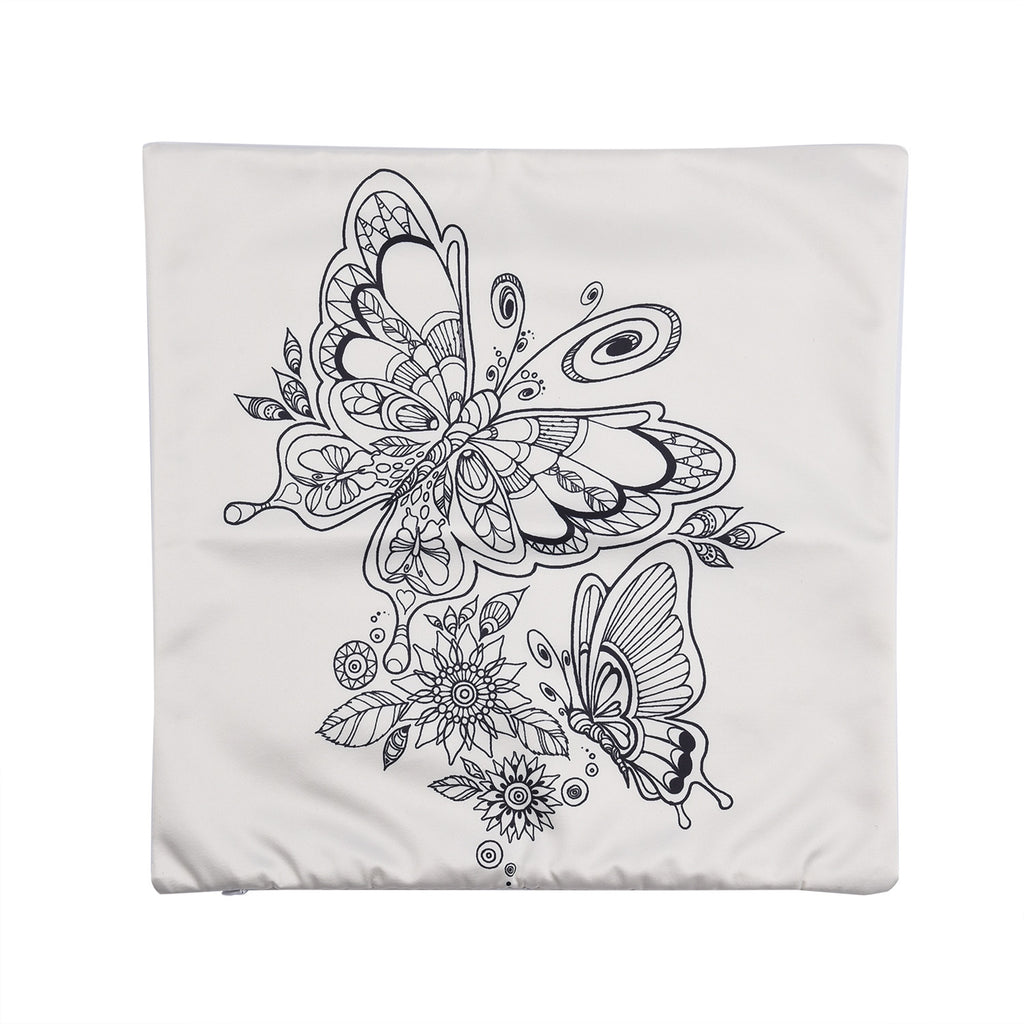 2er-Set, DIY Kissenbezug zum Bemalen mit 8 Textilfarb-Stiften, Größe 45x45 cm, Weiß, Schmetterling