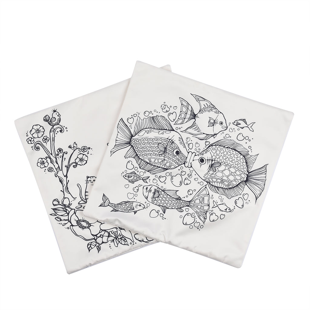 2er-Set, DIY Kissenbezug zum Bemalen mit 8 Textilfarb-Stiften, Größe 45x45 cm, Weiß, Fische