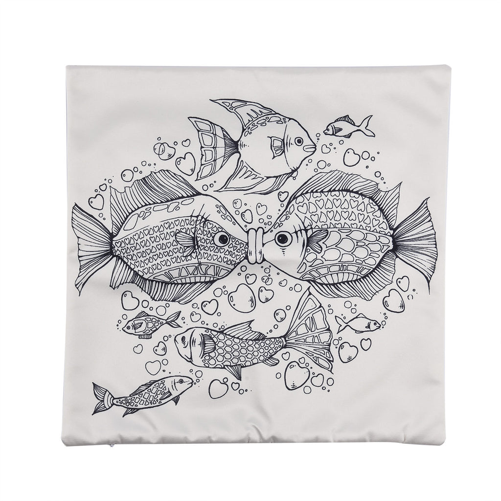 2er-Set, DIY Kissenbezug zum Bemalen mit 8 Textilfarb-Stiften, Größe 45x45 cm, Weiß, Fische
