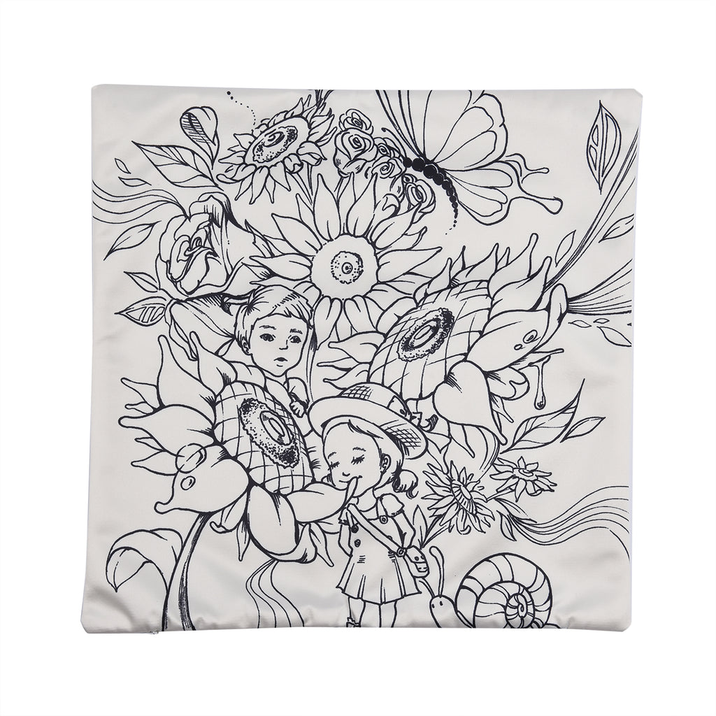 2er-Set, DIY Kissenbezug zum Bemalen mit 8 Textilfarb-Stiften, Größe 45x45 cm, Weiß, Mädchen mit Blumen