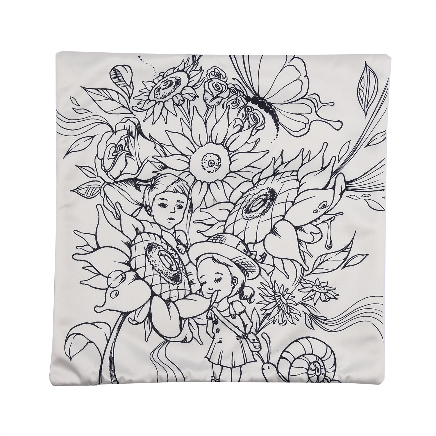 2er-Set, DIY Kissenbezug zum Bemalen mit 8 Textilfarb-Stiften, Größe 45x45 cm, Weiß, Mädchen mit Blumen
