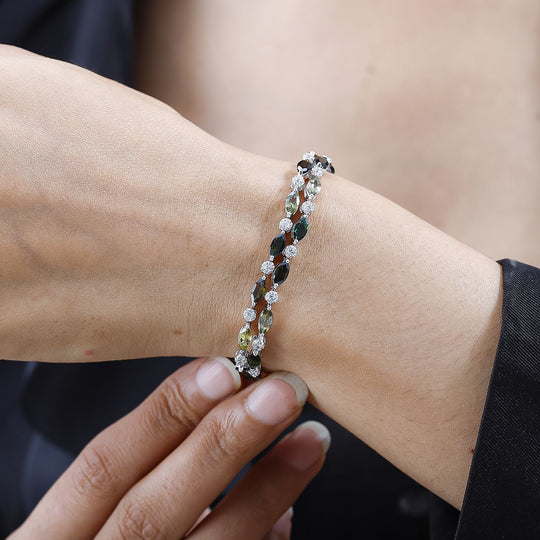 Mehrfarbig-Turmalin, Weißer Zirkon Armband ca. 19 cm 925 Silber Platiniert ca. 12,03 ct.