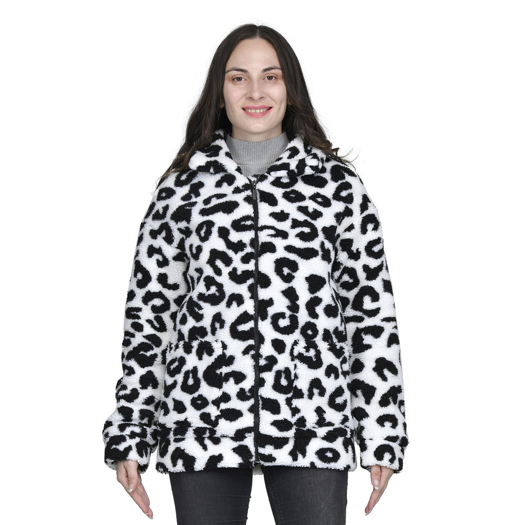 TAMSY - Kunstfell Jacke mit Reißverschluss, Schneeleopard Muster, Größe L 110x76x59 cm, Schwarz und Weiß