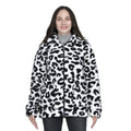 TAMSY - Kunstfell Jacke mit Reißverschluss, Schneeleopard Muster, Größe L 110x76x59 cm, Schwarz und Weiß