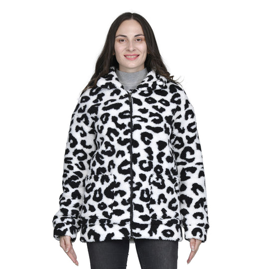TAMSY - Kunstfell Jacke mit Reißverschluss, Schneeleopard Muster, Größe L 110x76x59 cm, Schwarz und Weiß