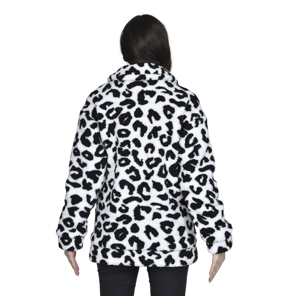 TAMSY - Kunstfell Jacke mit Reißverschluss, Schneeleopard Muster, Größe L 110x76x59 cm, Schwarz und Weiß