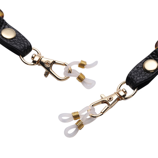 Brillenkette mit 100% Lederband, Leopardenmuster, Schwarz und Gold