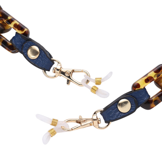 Brillenkette mit 100% Lederband, Leopardenmuster, Dunkelblau und Gold