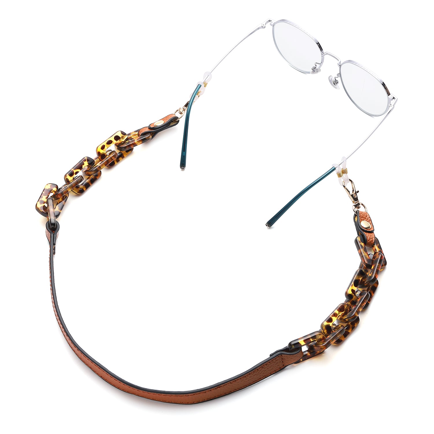 Brillenkette mit 100% Lederband, Leopardenmuster, Hellbraun und Gold