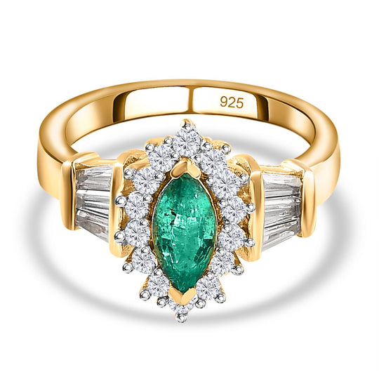 AAA Smaragd, Weißer Zirkon Ring, 925 Silber Gelbgold Vermeil (Größe 20.00) ca. 1.28 ct