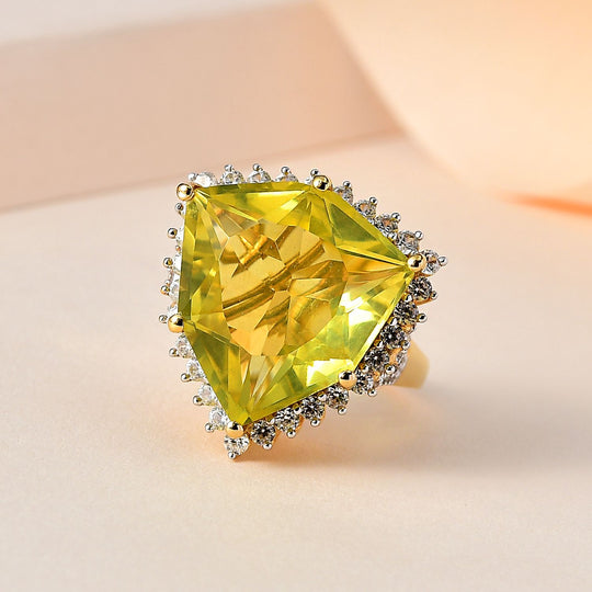 AA Ouro Verde-Quarz, Weißer Zirkon Ring, 925 Silber vergoldet, (Größe 18.00) ca. 19.86 ct