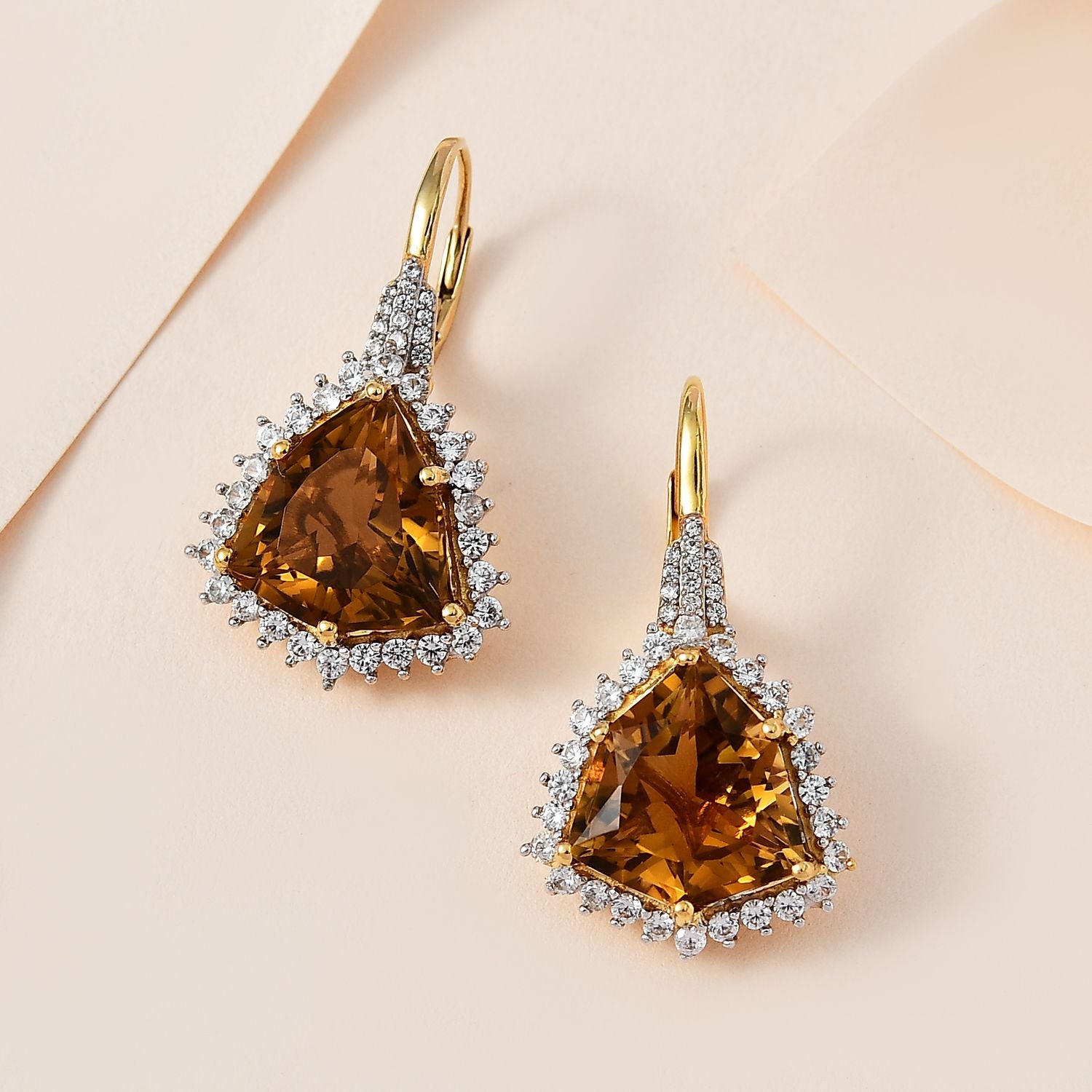 AA Citrin, Weißer Zirkon Ohrringe, 925 Silber vergoldet, ca. 17.27 ct