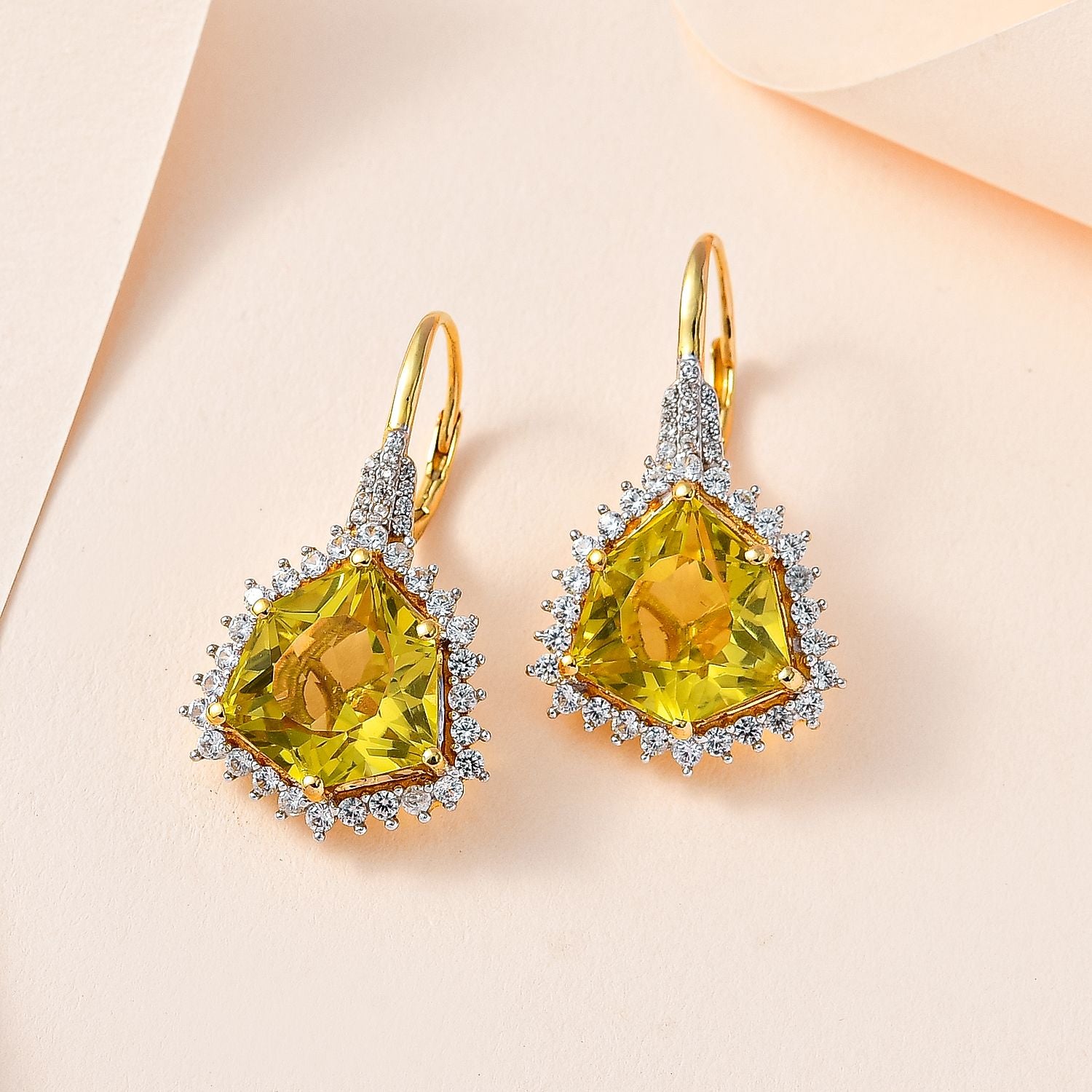AA Ouro Verde-Quarz, Weißer Zirkon Ohrringe, 925 Silber vergoldet, ca. 17.57 ct