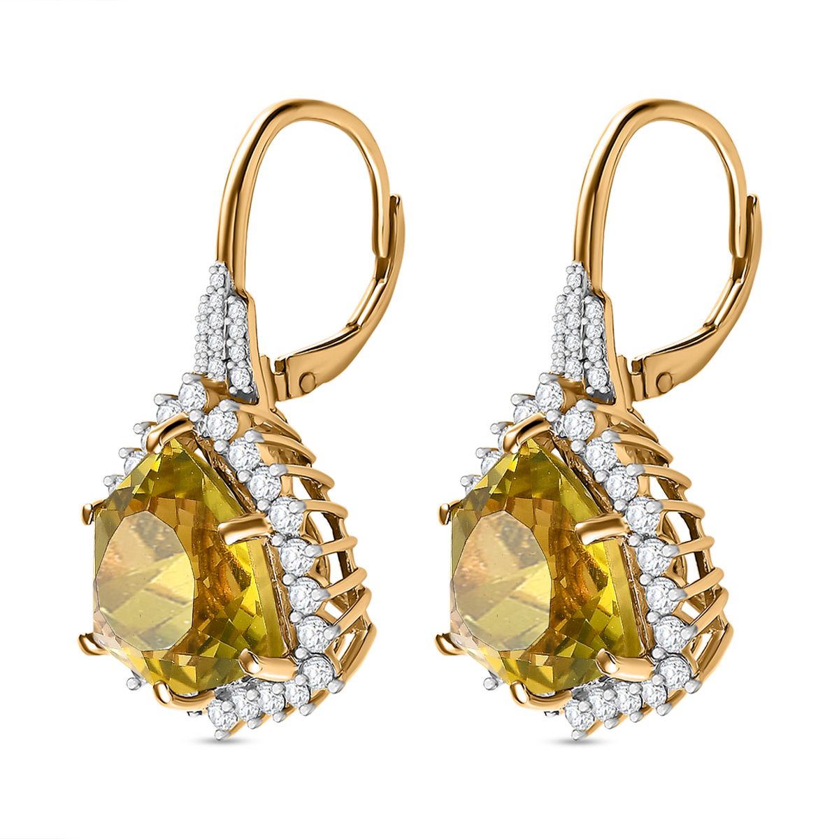 AA Ouro Verde-Quarz, Weißer Zirkon Ohrringe, 925 Silber vergoldet, ca. 17.57 ct