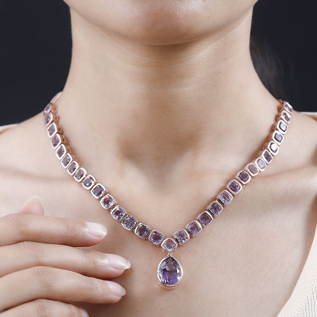 Rose De France Amethyst Halskette, ca. 45 cm, 925 Silber rosévergoldet, ca. 38.26 ct