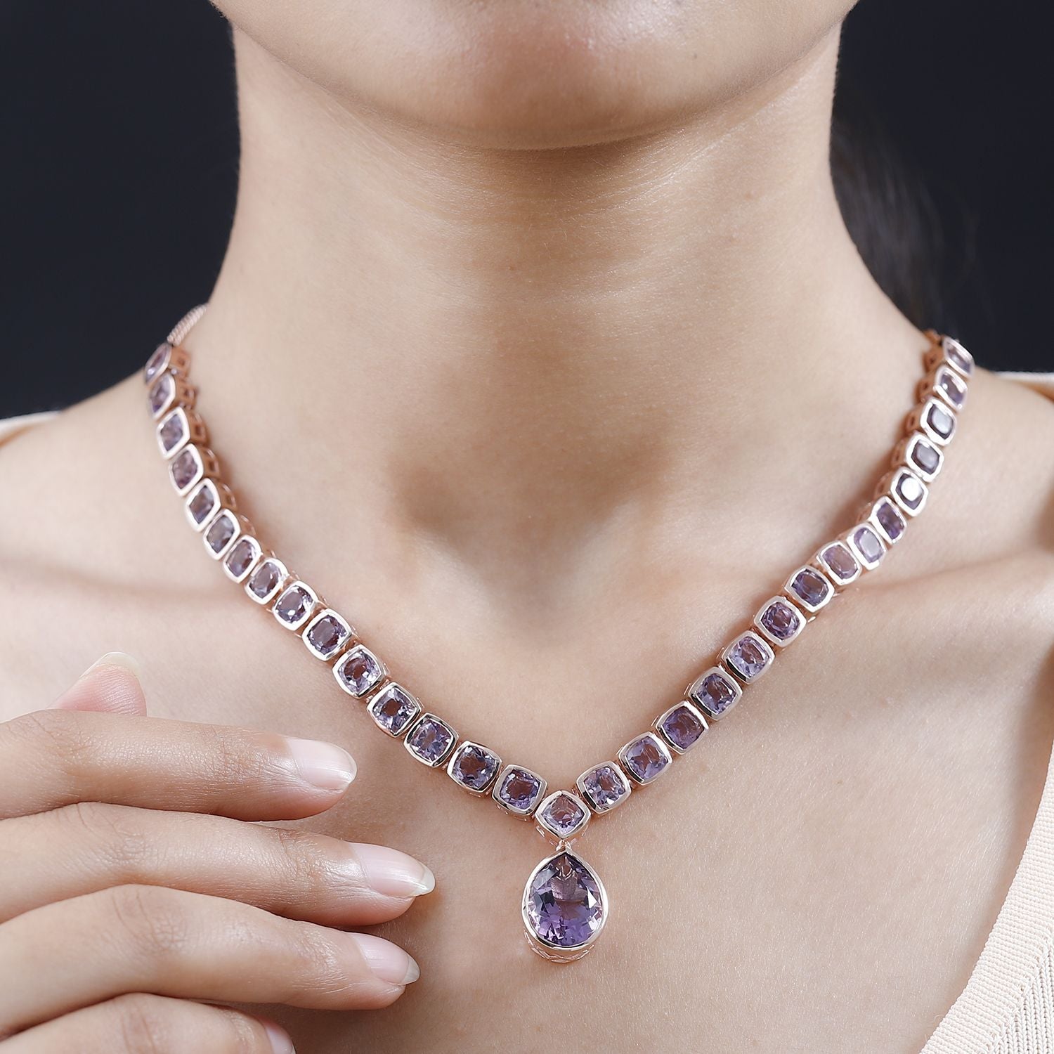 Rose De France Amethyst Halskette, ca. 45 cm, 925 Silber rosévergoldet, ca. 38.26 ct