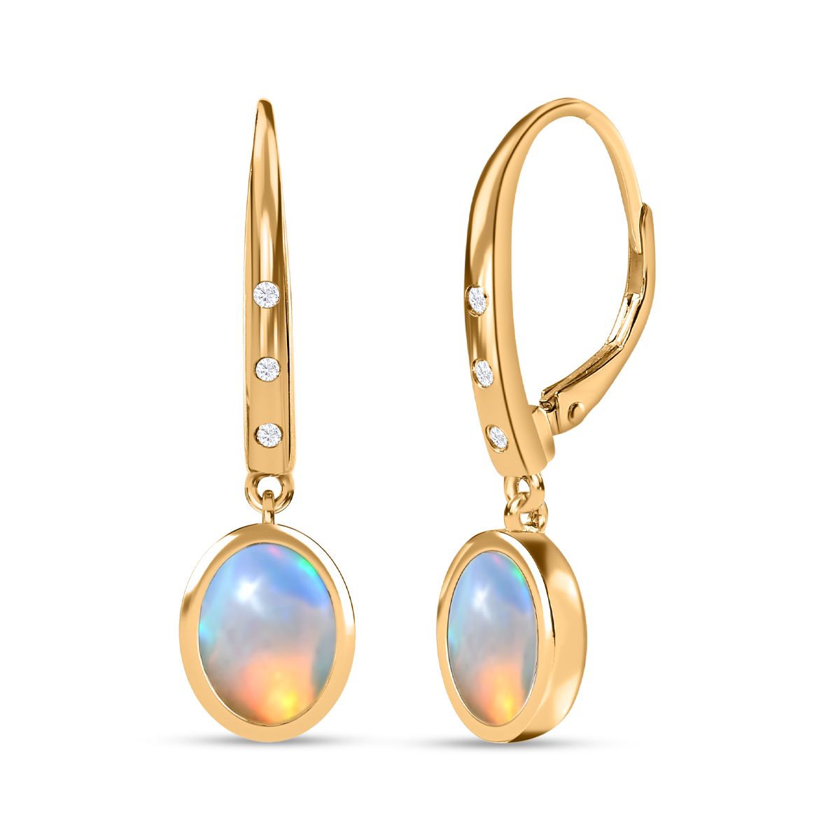 Natürlicher, äthiopischer Welo Opal, Weißer Zirkon Ohrringe, 925 Silber Gelbgold Vermeil, ca. 2.44 ct