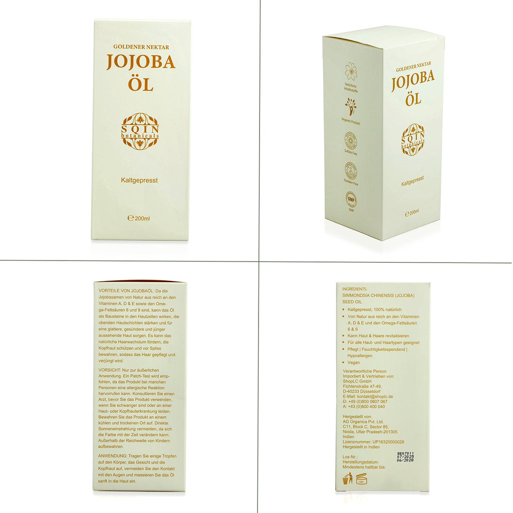 Sqin Botanicals Jojobaöl, kaltgepresst, naturrein, 200 ml