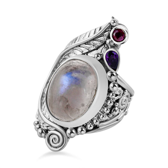 Sajen Silber - Regenbogen Mondstein, Afrikanischer Amethyst Ringe 925 Silber (Größe 17.00) ca. 9.53 ct