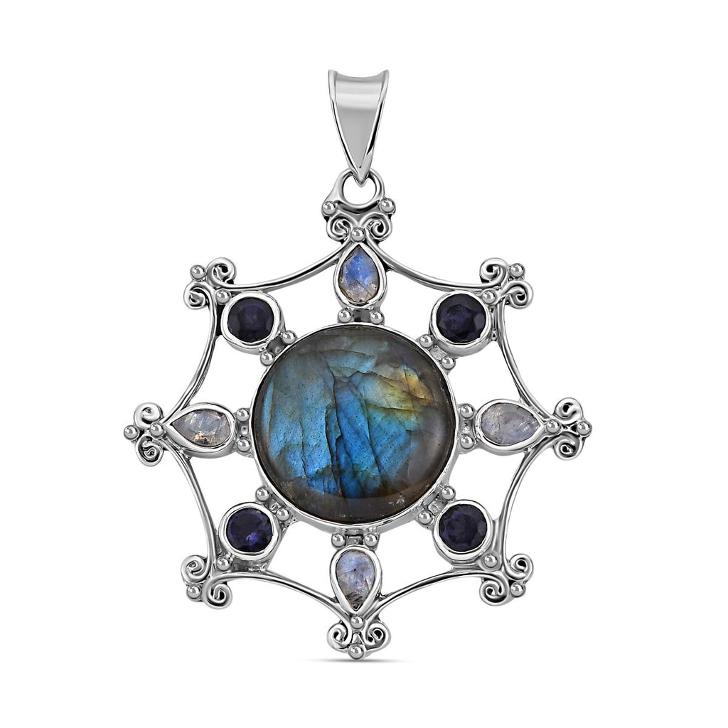 Sajen Silber - Labradorit, Regenbogen Mondstein, Iolit Anhänger, 925 Silber ca. 20.68 ct