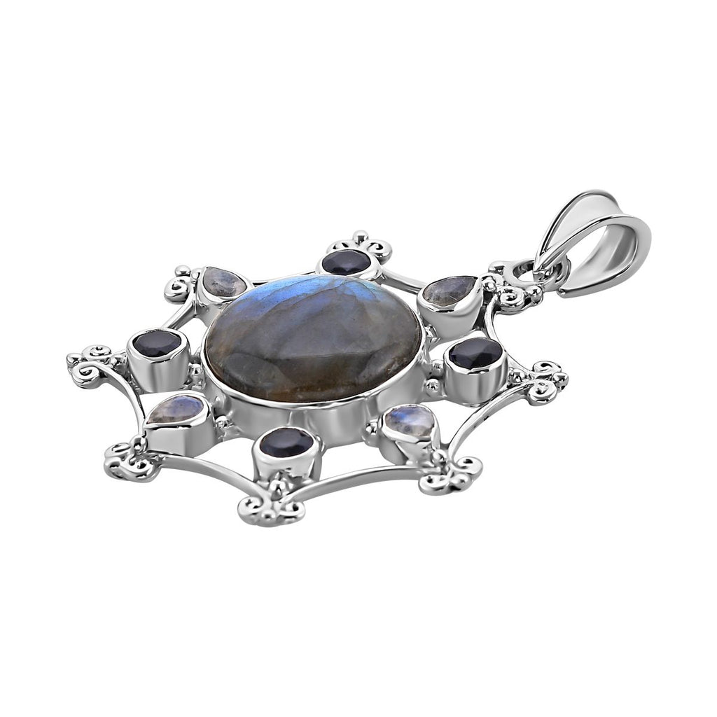 Sajen Silber - Labradorit, Regenbogen Mondstein, Iolit Anhänger, 925 Silber ca. 20.68 ct