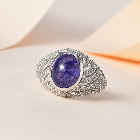 Tansanit, Weißer Zirkon Ring, 925 Silber platiniert, (Größe 18.00) ca. 4.64 ct
