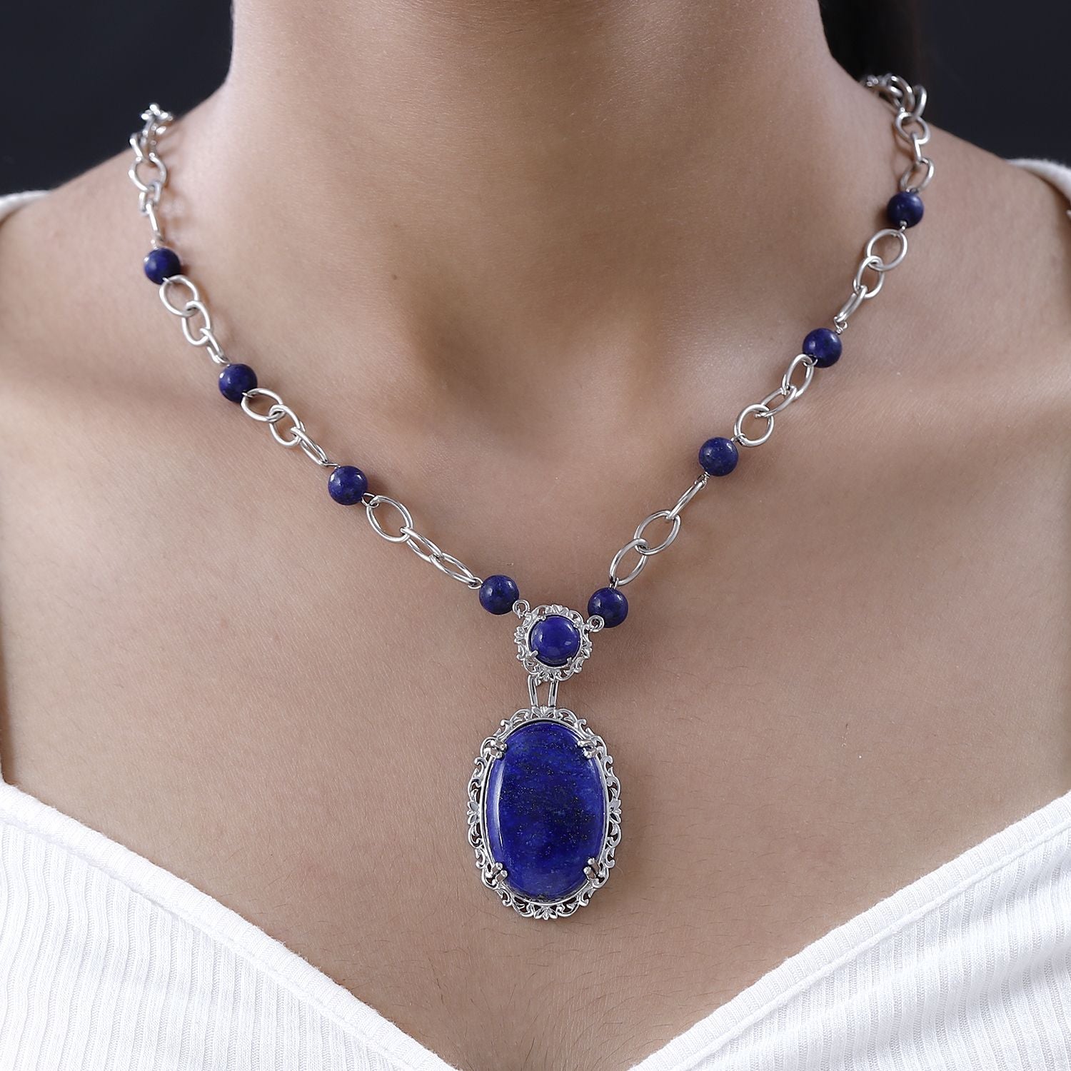 Lapislazuli Halskette, ca. 45 cm, platiniert, ca. 51.12 ct