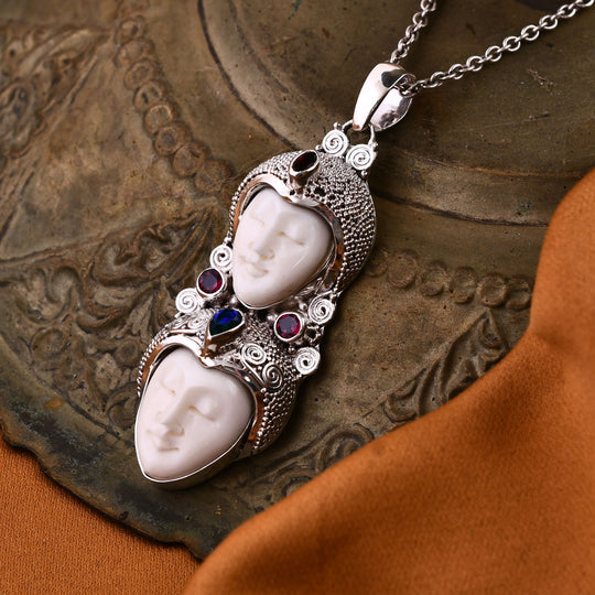 Pfau Druzy Quarz, Rhodolith Granat Anhänger 925 Silber ca. 1,52 ct.