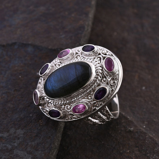 Royal Bali - Labradorit, Ilakaka Rosa Saphir (Fissure gefüllt) Ring, 925 Silber, (Größe 17.00), ca. 11.40 ct