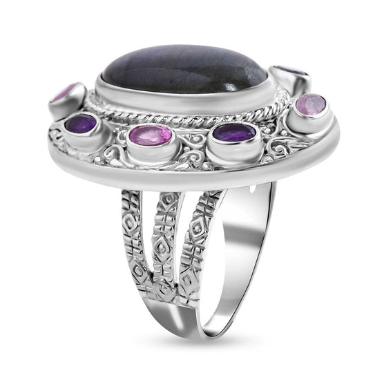 Royal Bali - Labradorit, Ilakaka Rosa Saphir (Fissure gefüllt) Ring, 925 Silber, (Größe 17.00), ca. 11.40 ct