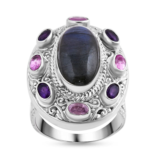 Royal Bali - Labradorit, Ilakaka Rosa Saphir (Fissure gefüllt) Ring, 925 Silber, (Größe 17.00), ca. 11.40 ct