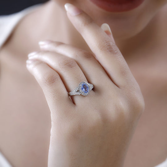 Blauer Ceylon-Saphir, Weißer Zirkon Ring, 925 Silber platiniert (Größe 19.00) ca. 1.42 ct