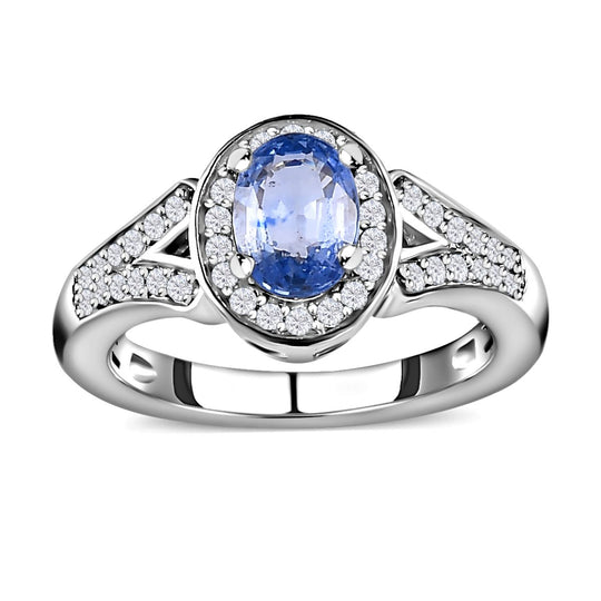Blauer Ceylon-Saphir, Weißer Zirkon Ring, 925 Silber platiniert (Größe 19.00) ca. 1.42 ct
