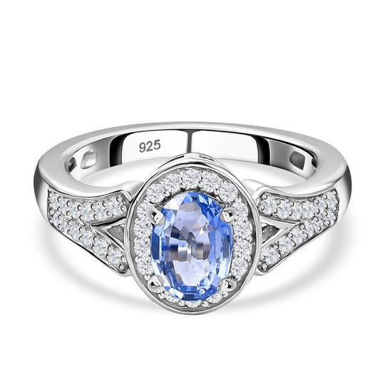 Blauer Ceylon-Saphir, Weißer Zirkon Ring, 925 Silber platiniert (Größe 19.00) ca. 1.42 ct