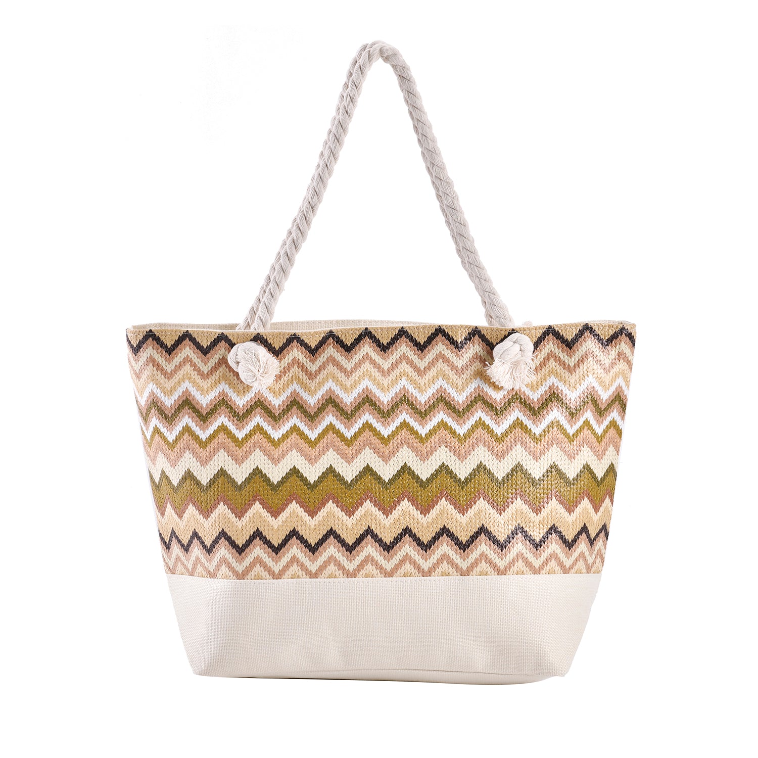 Jacquard Handtasche aus Jute mit Zig-Zag Muster, 51x34x16cm, Kaffee