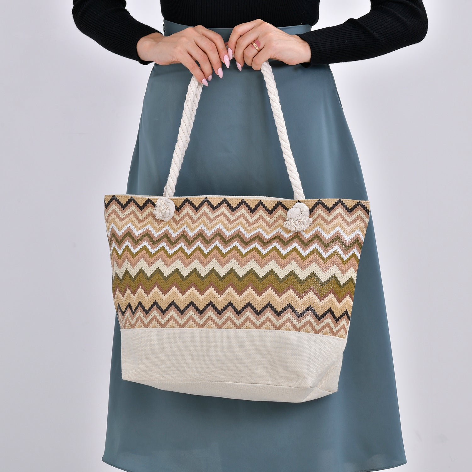 Jacquard Handtasche aus Jute mit Zig-Zag Muster, 51x34x16cm, Kaffee