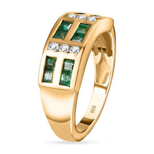 Kagem Sambischer Smaragd, Weißer Zirkon Ring, 925 Silber vergoldet (Größe 18.00) ca. 0.84 ct
