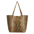 100% Genuine Leather Tote Bag Theme: Snake foil Print Color: Green & Brown Size: 9.65 x 6.88 x 3.14 inches