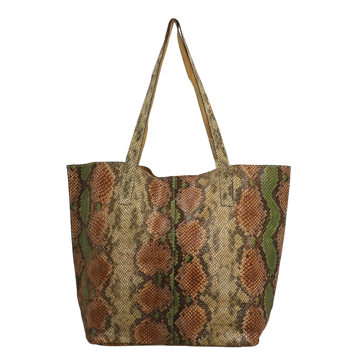 100% Genuine Leather Tote Bag Theme: Snake foil Print Color: Green & Brown Size: 9.65 x 6.88 x 3.14 inches