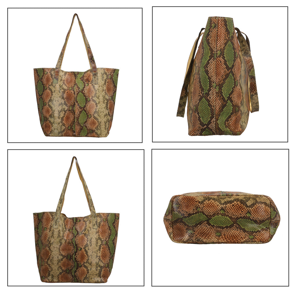 100% Genuine Leather Tote Bag Theme: Snake foil Print Color: Green & Brown Size: 9.65 x 6.88 x 3.14 inches