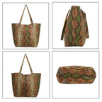 100% Genuine Leather Tote Bag Theme: Snake foil Print Color: Green & Brown Size: 9.65 x 6.88 x 3.14 inches