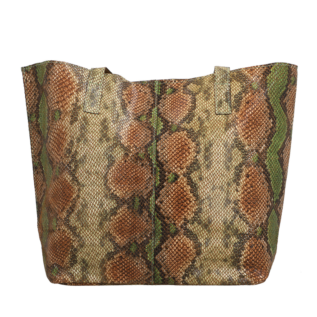 100% Genuine Leather Tote Bag Theme: Snake foil Print Color: Green & Brown Size: 9.65 x 6.88 x 3.14 inches