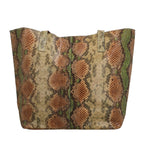 100% Genuine Leather Tote Bag Theme: Snake foil Print Color: Green & Brown Size: 9.65 x 6.88 x 3.14 inches