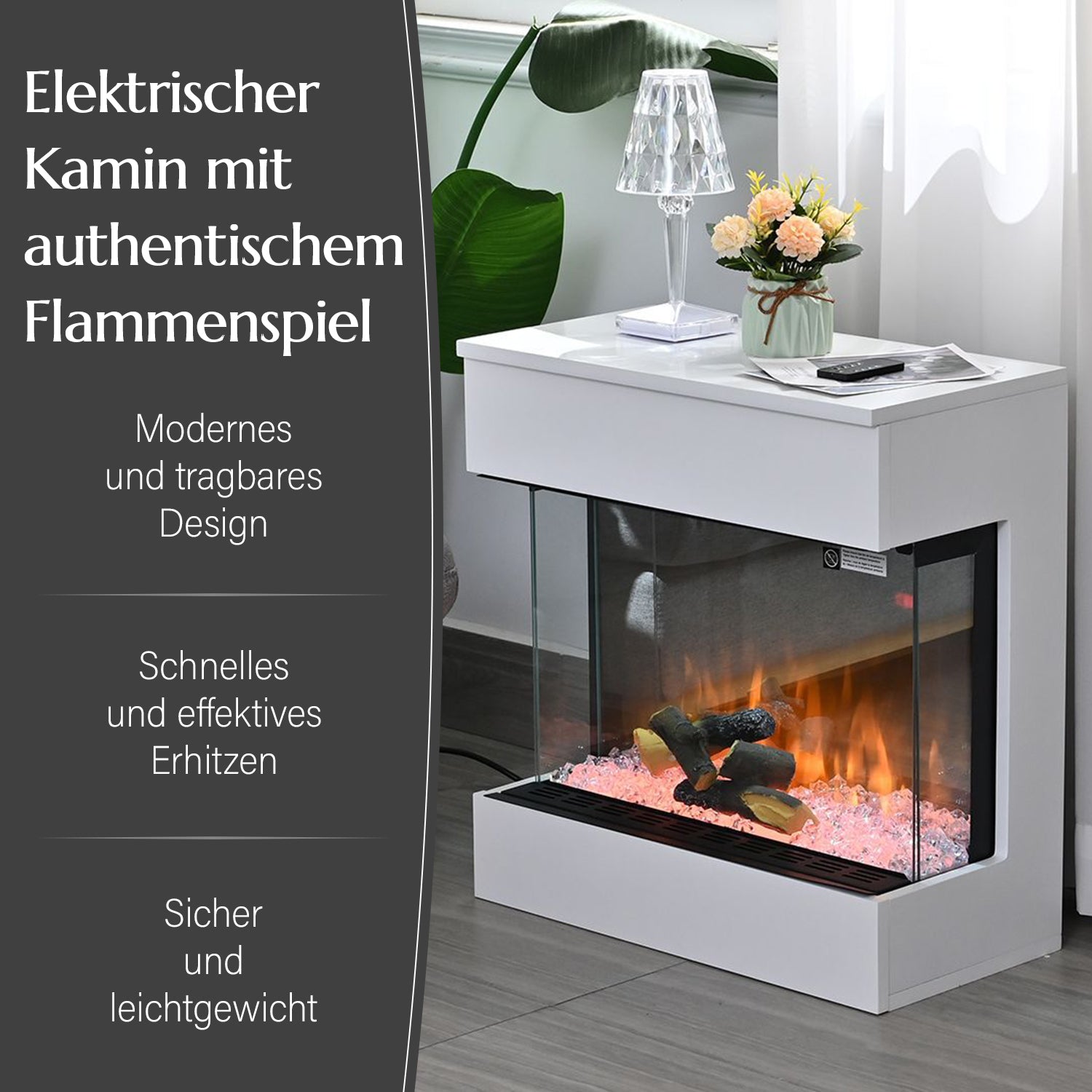 Elektrischer Kamin mit Authentischem Flammenspiel: Flexibel in 2 Heizstufen, 11-stufiger realistischer Flammeneffekt, 3 einstellbare Helligkeitsgrade