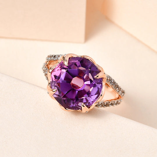 Rose De France Amethyst, Weißer Zirkon Ring, 925 Silber Roségold Vermeil (Größe 19.00) ca. 8.04 ct