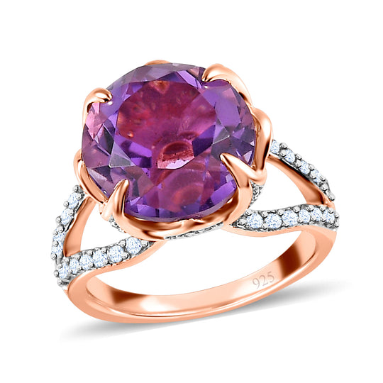 Rose De France Amethyst, Weißer Zirkon Ring, 925 Silber Roségold Vermeil (Größe 19.00) ca. 8.04 ct