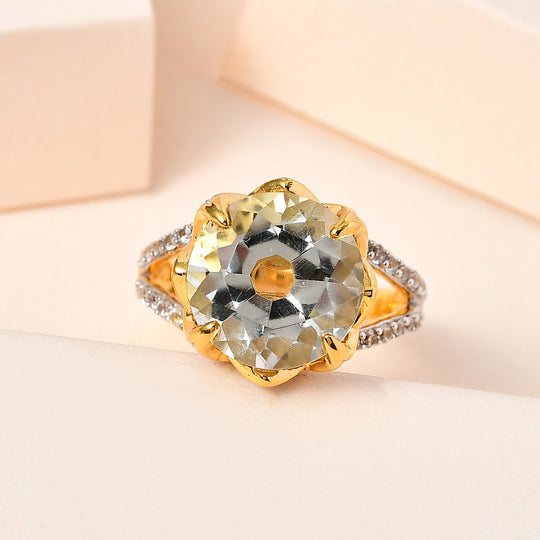 Prasiolith, Weißer Zirkon Ring, 925 Silber Gelbgold Vermeil, (Größe 20.00) ca. 8.06 ct