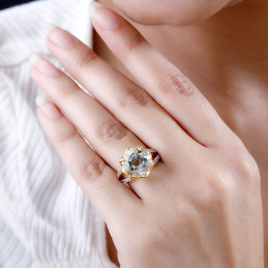 Prasiolith, Weißer Zirkon Ring, 925 Silber Gelbgold Vermeil, (Größe 20.00) ca. 8.06 ct